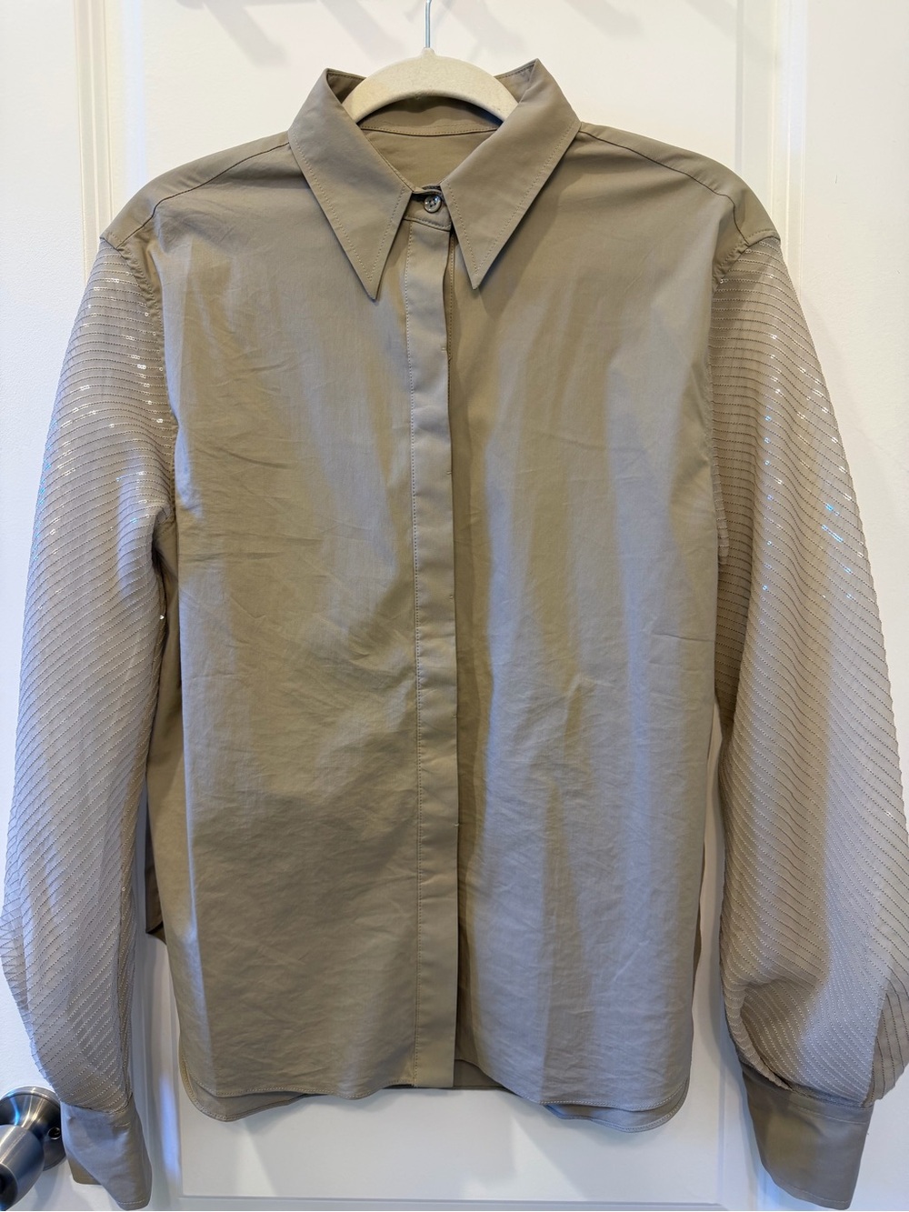Taupe Button-Front Shirt with Textured Sleeves